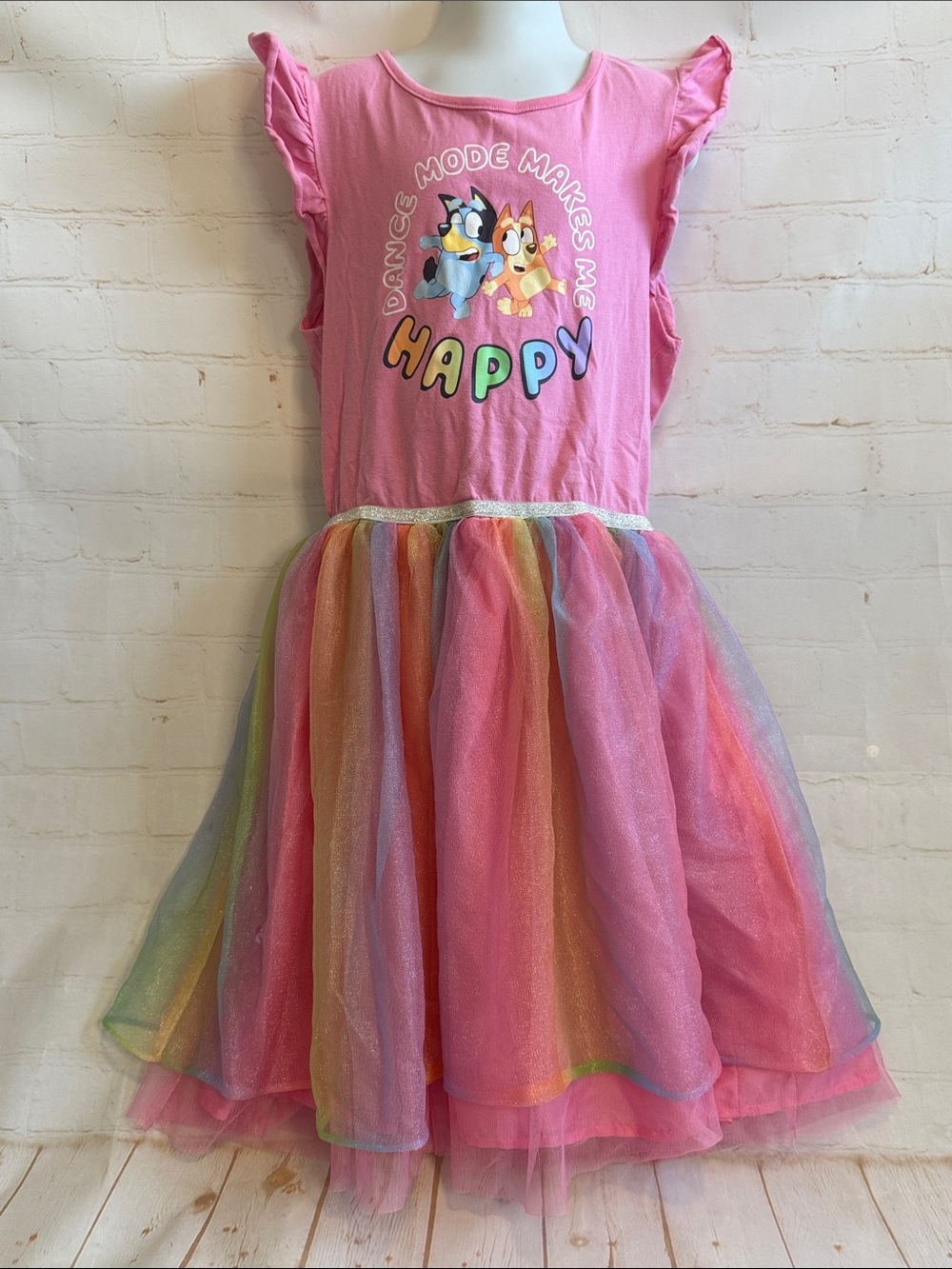 Bluey and Bingo Dance Mode Makes Me Happy Pink Rainbow Tulle Dress
